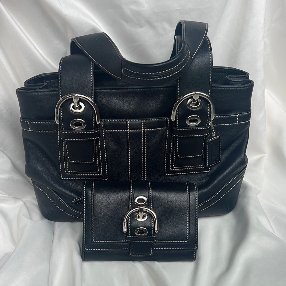 Elegant Coach Black Leather Tote and Wallet Set